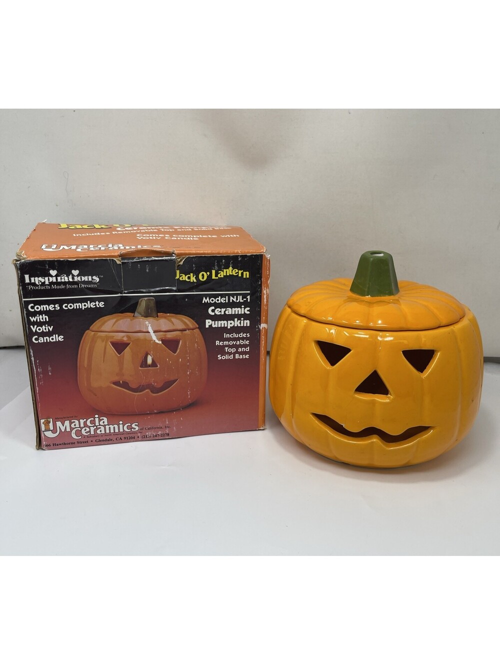 VTG 1983 Marcia Ceramics Large Orange Pumpkin Candle Candy Holder with Votive -